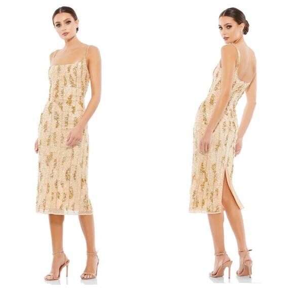 Mac Duggal Beaded Spaghetti Strap Midi Slip Dress Gold Size 12 NWT - Picture 1 of 11